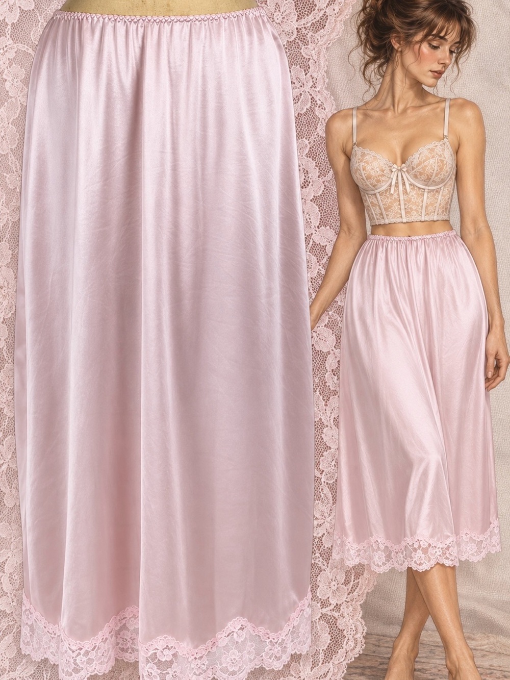 VINTAGE pink dress slip layer lingerie lace trim pastel baby pink silky maxi 80s